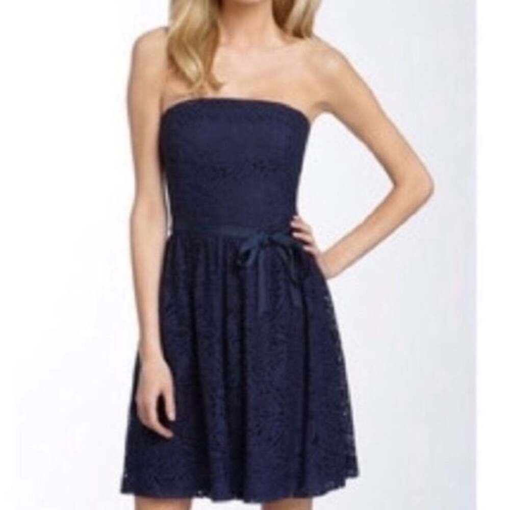 Trina Turk Navy Blue Lace Strapless Fit and Flare Dress with Ribbon Sash